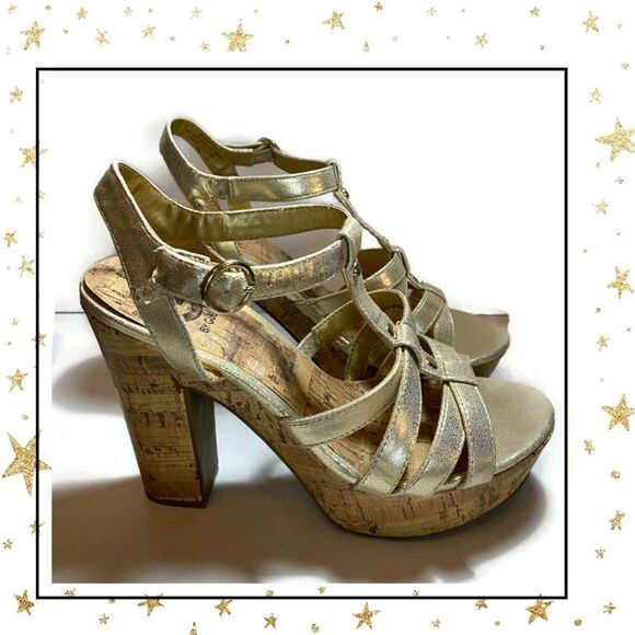 Guess Metallic Gold Platform Cork Heels 9 - Picture 2 of 6
